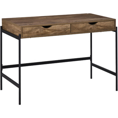 Bureau de style industriel : 110x55x75 cm, 1 tiroir + 2 tiroirs sous caisson, structure métal noir, plateau MDF imitation bois