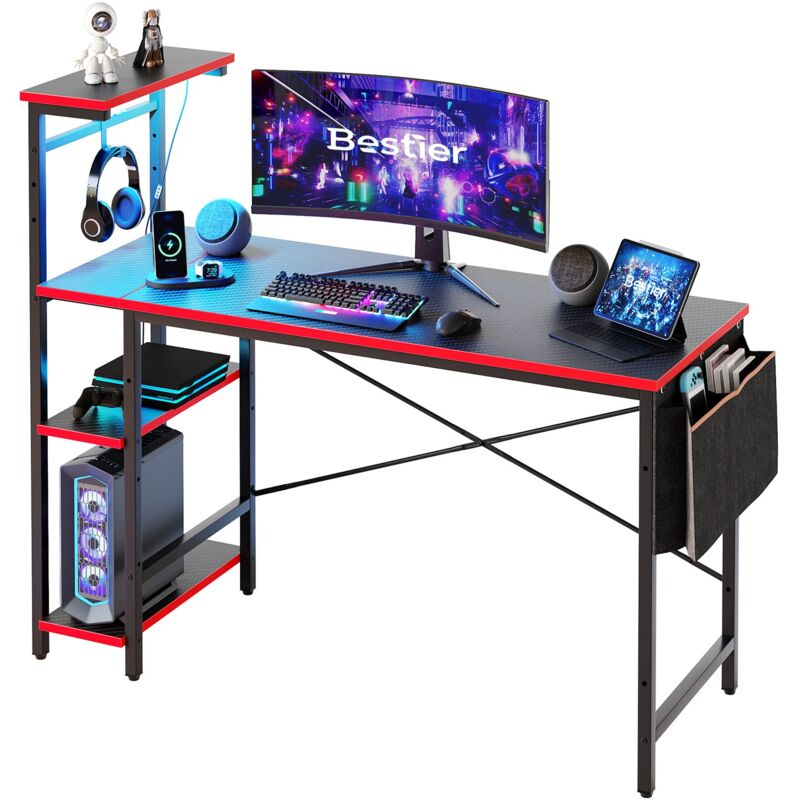 Bureau de table de jeu, table de jeu avec éclairage led rvb, support de moniteur (table d'ordinateur,140x114x50cm)