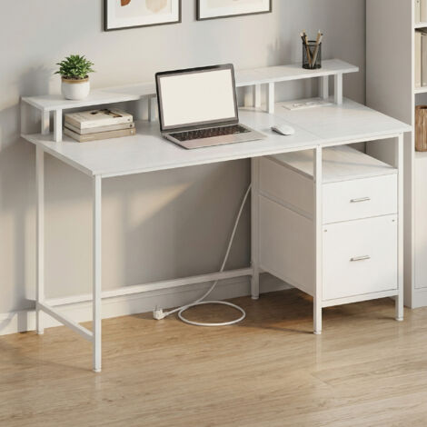 Bureau de Travail, Support d’Écran, Tiroirs en Tissu, Station de Charge, 140 x 60 cm, Blanc