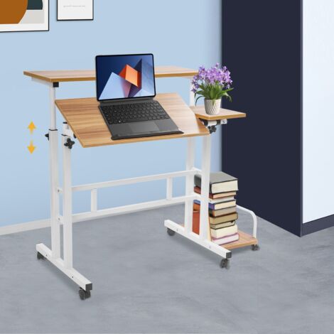 Bureau debout à deux niveaux réglable en hauteur (67 à 115 centimètres) Bureau manuel équipé de roulettes avec étagère de rangement Bureau d'ordinateur pliable et bureau mobile pour ordinateur portabl