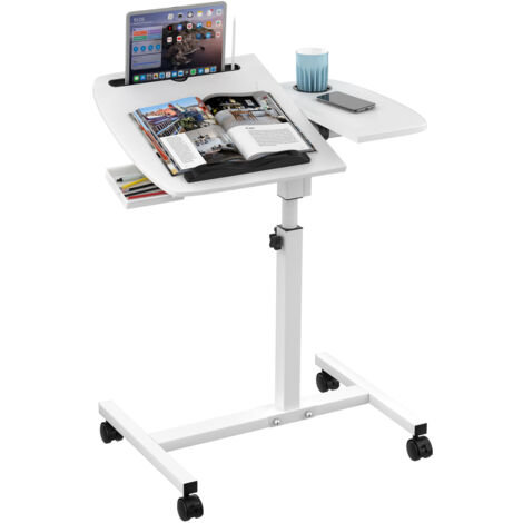Bureau Debout Ergonomique avec Tiroir, Porte-Gobelets et Fente pour Cartes - Table Roulante Réglable en Hauteur (59-89cm) Plateau Bois Durable + Structure Métallique - Dimensions 60x40x59-89cm (Idéal 