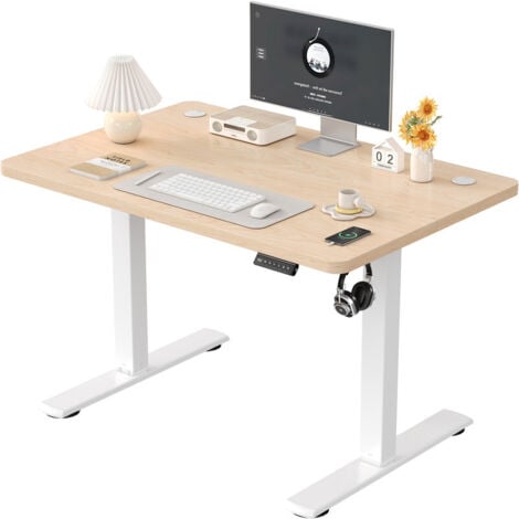 Bureau debout réglable en hauteur DEVOKO, table debout 100 x 60 cm, bureau avec planche d'épissure, cadre blanc crème/plateau beige