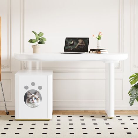 Bureau Design 117x50x76 cm - Niche Intégrée pour Animal (Chat M-XL) - Pieds Épais 5 cm - Bords Arrondis - Finition Laquée - Blanc