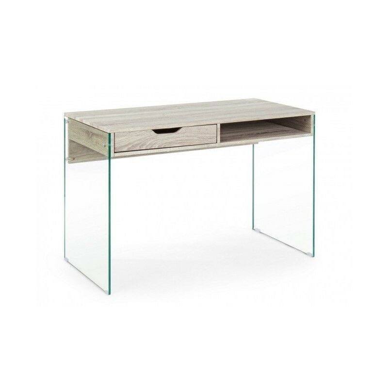 Bureau design Armos en bois naturel 1 tiroir et pieds en verre 110x55x 76h cm
