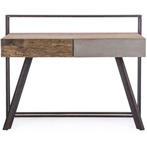 Bureau design en bois de manguier et métal noir 2 tiroirs - COROT - bois foncé