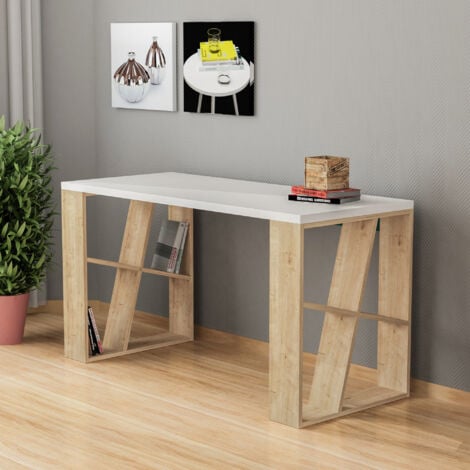 Bureau d'Étude Blanc et Chêne, Spacieux avec Étagères, 140x75x60 cm, Pour Chambre d'Étudiant ou Bureau à Domicile