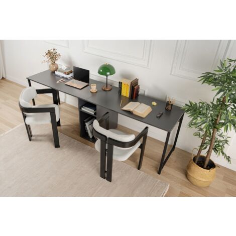 Bureau d'Étude Noir Anthracite 240x74x60 cm - Design Moderne avec Pieds Métalliques et Nombreuses Étagères