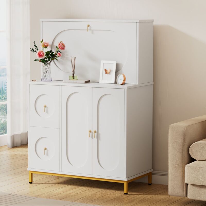 Eifson - Bureau d'ordinateur 100x51x100 cm, avec plateau pliable, deux tiroirs, séparateurs réglables, poignées dorées, bureau de travail pour