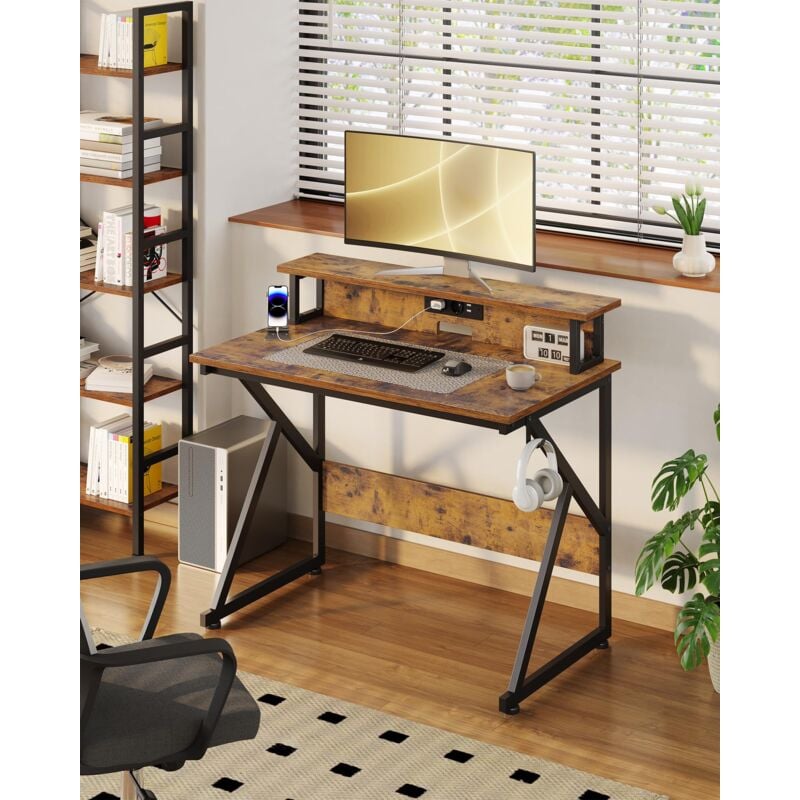 Bureau d'ordinateur, 60x100 cm Table de Jeu LED avec Multiprise, Bureaux et Postes de Travail, Vintage Marron - Vintage Marron