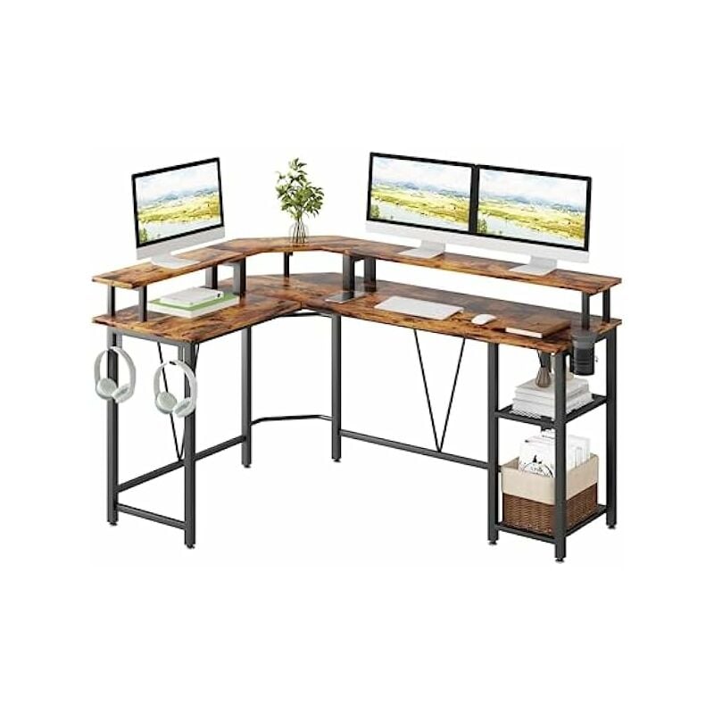 Treetalk - Bureau gamer,Bureau d'ordinateur, bureau de jeu en forme de l avec support d'écran extra-large, bureau d'angle avec crochets d'étagère de