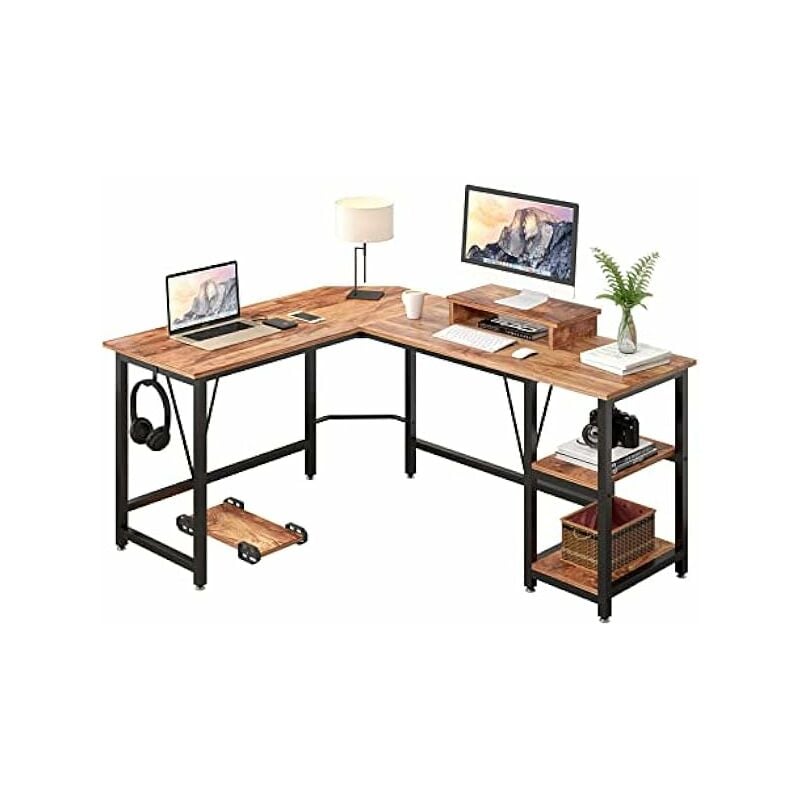 Treetalk - Bureau d'angle Bureau d'ordinateur, bureau d'angle en forme de l avec 2 couches de rangement, grande table pour ordinateur portable avec