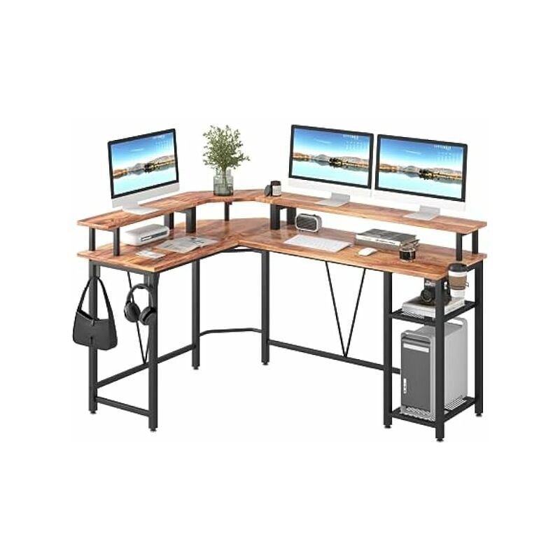 Bureau gamer,Bureau d'ordinateur, bureau de jeu en forme de l avec support d'écran extra-large, bureau d'angle avec crochets d'étagère de rangement