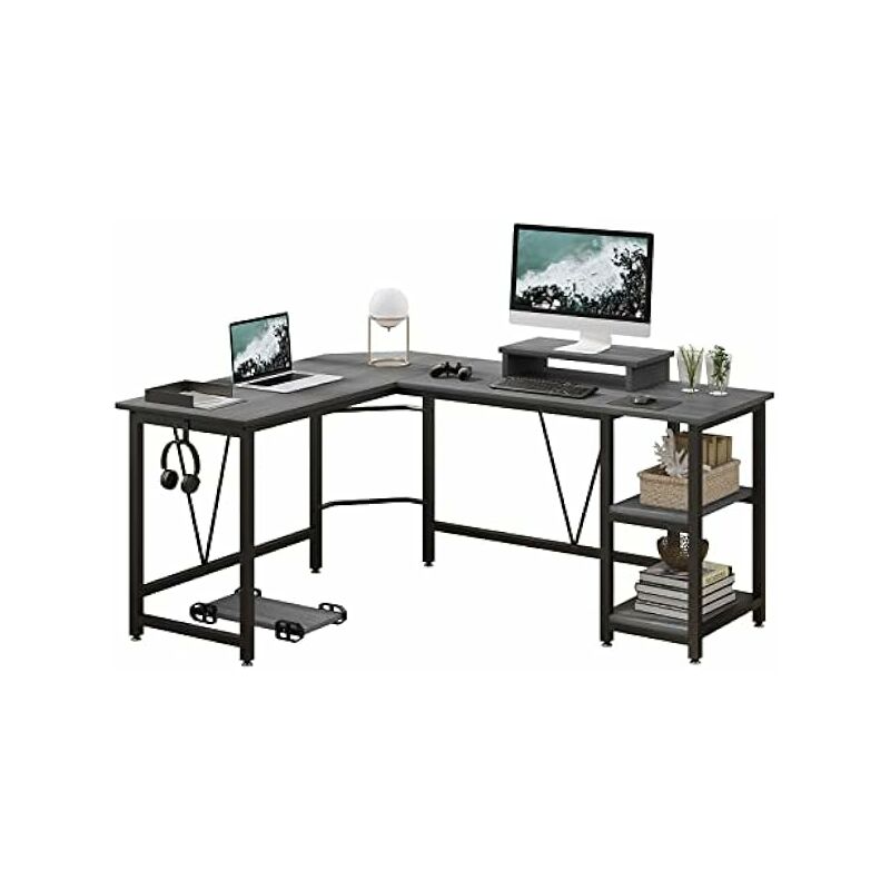 Bureau gamer,Bureau d'ordinateur, bureau d'angle en forme de l avec 2 niveaux de rangement, grande table pour ordinateur portable avec support pour