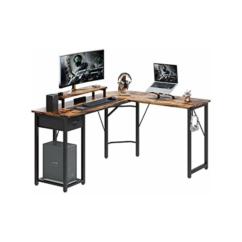 Bureau gamer,Bureau d'ordinateur en forme de L avec grand support pour écran, table d'angle commutable pour ordinateur portable avec tiroir en tissu
