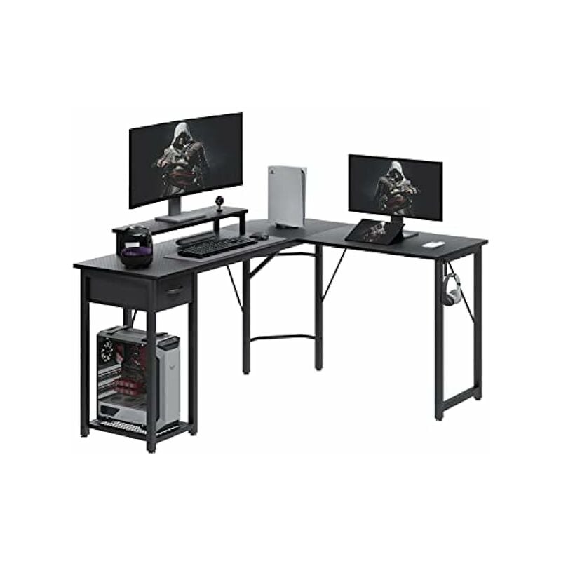 Bureau gamer,Bureau d'ordinateur en forme de l avec grand support pour écran, table d'angle commutable pour ordinateur portable avec tiroir en tissu