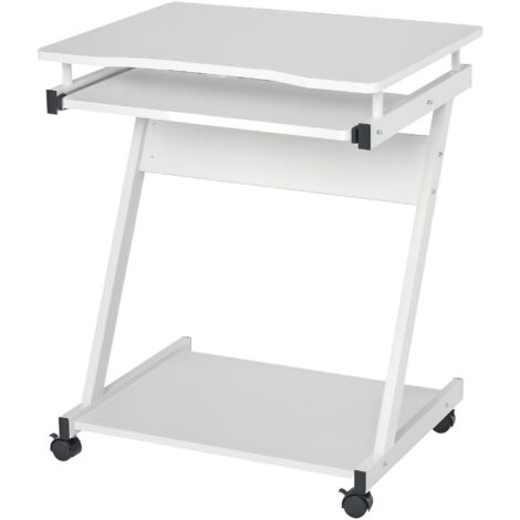Bureau d'ordinateur à roulettes, 60x48 cm, avec plateau coulissant pour clavier et étagère inférieure, structure en métal blanc.
