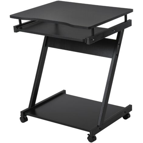 Bureau d'ordinateur à roulettes, 60x48 cm, avec plateau coulissant pour clavier et étagère inférieure, structure en métal noir.