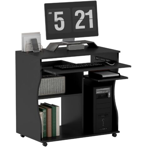 Bureau d'ordinateur à roulettes, bureau avec espace de rangement, 80 x 48 x 75 cm, noir