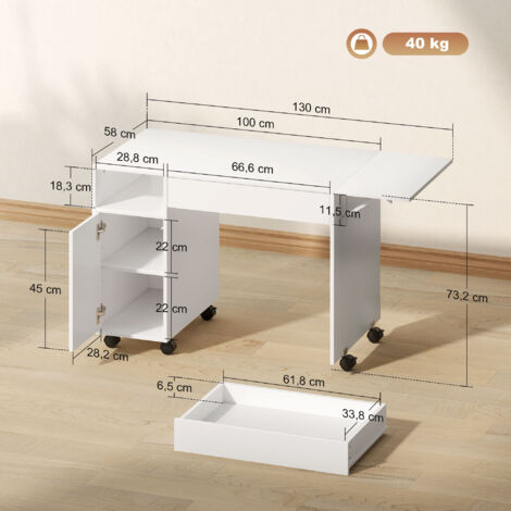 Bureau d'ordinateur à roulettes, bureau pliant avec armoire et tiroir, panneaux de particules, blanc