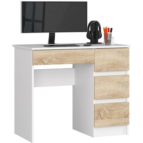 ABAMIHOME Bureau d'ordinateur AKORD droit A7 Blanc 90 cm 4 tiroirs façade Chêne Sonoma 90x50x77 cm