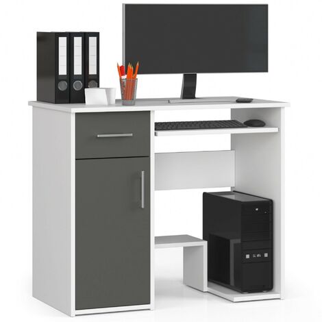 Bureau d'ordinateur AKORD JAY Blanc 90 cm 1 porte 1 tiroir façade Gris Graphite 3 étagères 90x50x74 cm