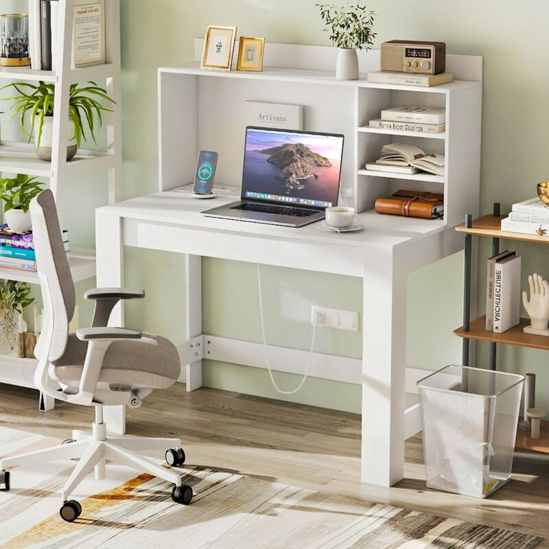 Bureau d'Ordinateur avec Bibliothèque Bureau d'Étude avec Prises Électriques et Passe-câbles Table Moderne avec Étagères de Rangement Blanc