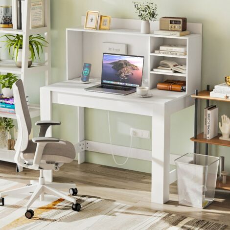 Bureau d'Ordinateur avec Bibliothèque Bureau d'Étude avec Prises Électriques et Passe-câbles Table Moderne avec Étagères de Rangement Blanc