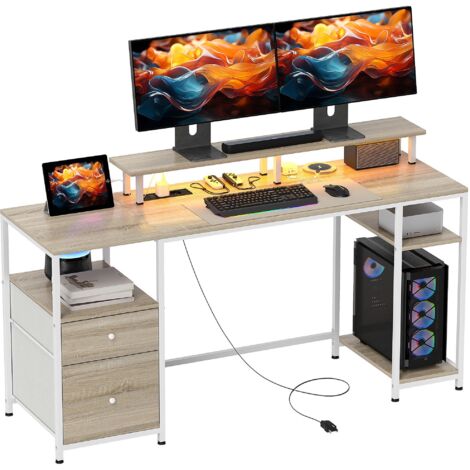 Bureau d'ordinateur avec éclairage LED réglable, deux prises de courant, port USB, tiroirs et étagères  dimensions : 155,5 x 48 x 88,5 cm  finition en bois naturel.