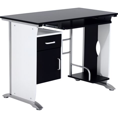 Bureau d’ordinateur avec étagère, tiroir et armoire, bureau moderne en MDF et métal, 100x52x75 cm, noir et blanc