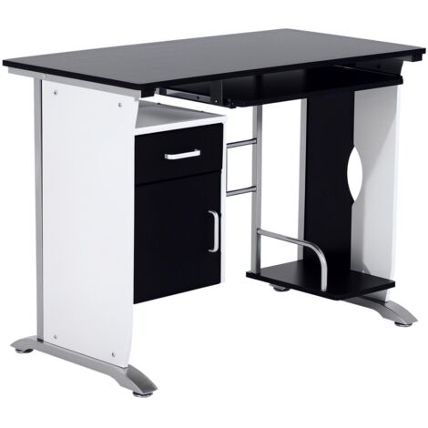 Bureau d'ordinateur avec étagères, tiroirs et placards, en MDF et fer forgé, 100x52x75 cm, blanc et noir.