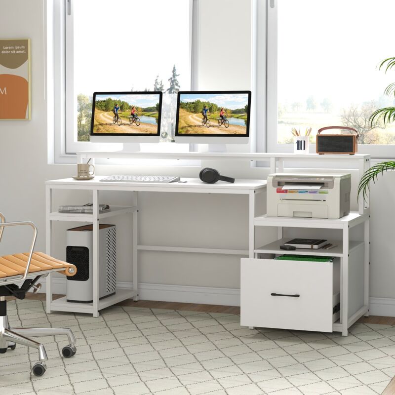 Design In - Bureau d'Ordinateur avec Support Écran & Tiroir, Bureau Multifonctionnel, Blanc CW84936