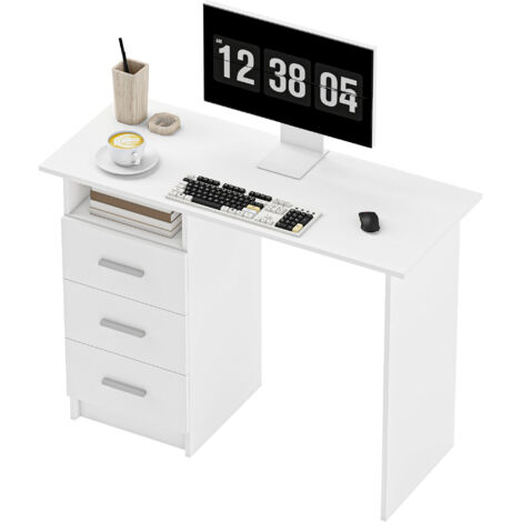 Bureau d'ordinateur blanc 100x40x75 cm avec 3 tiroirs et étagère ouverte, style moderne