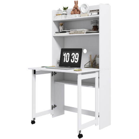 Bureau d'ordinateur blanc avec tablette rabattable, étagères de rangement et 2 roulettes, 80 x 69 x 155 cm pour chambre et salon