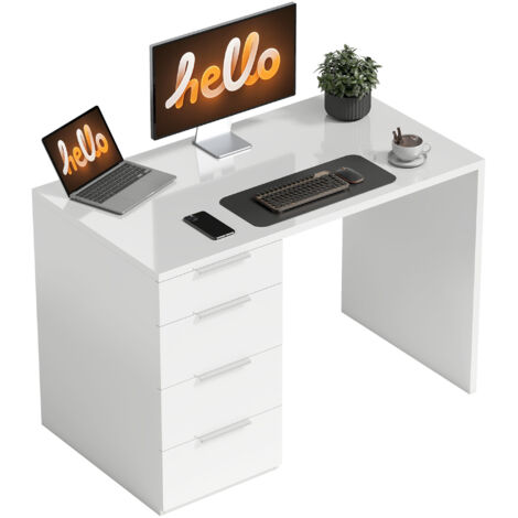 Bureau d'ordinateur blanc moderne 4 tiroirs 110 x 60 cm avec rangement