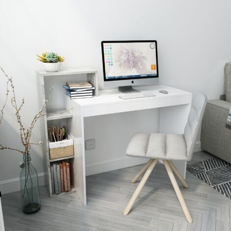 Bureau d'Ordinateur, Bureau Informatique, Table de Travail, Avec Tiroir, Etagère de Rangement, en Bois, Blanc&Naturel - Meerveil