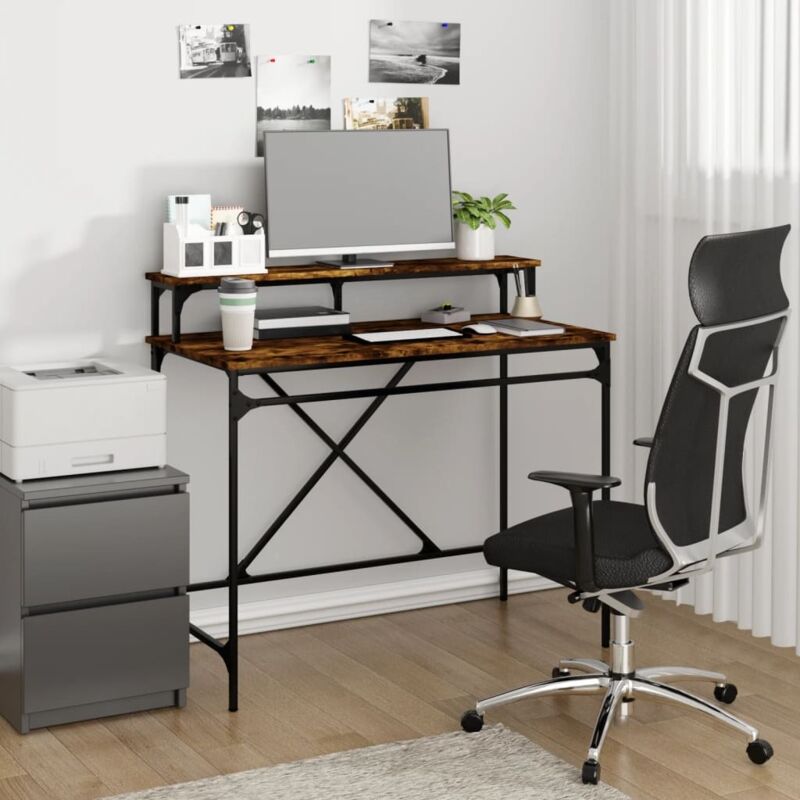 Bureau d'Ordinateur, Bureau Informatique, Table de Travail chêne fumé 100x50x90 cm bois d'ingénierie et fer PEWV22503 DESIGN IN