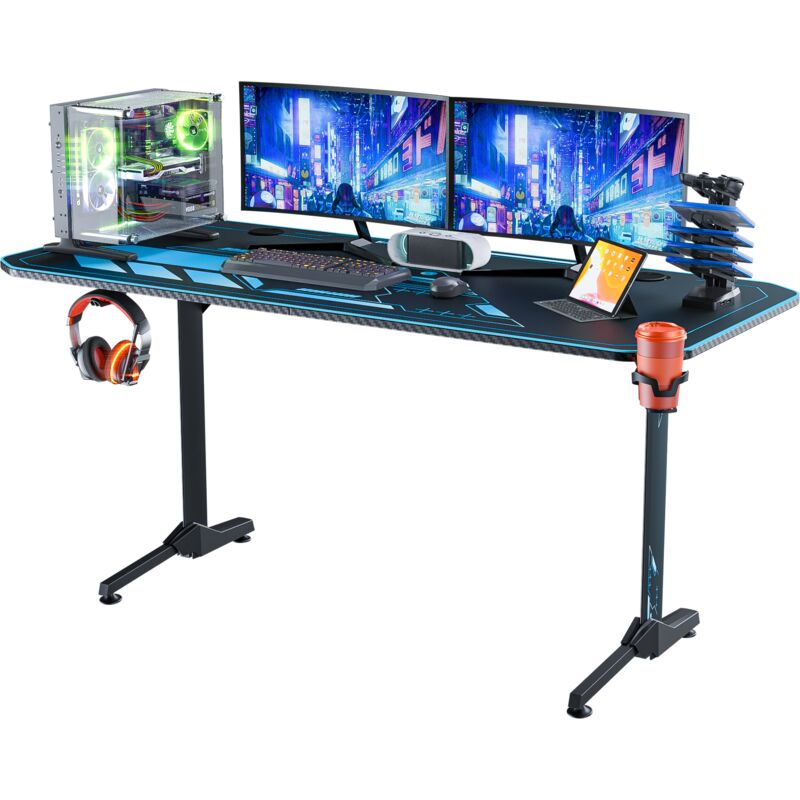 Bureau Gamer - Bureau Informatique Ergonomique - Bureau Gaming, Table de Jeu pour Ordinateur PC Domicile avec Grand Tapis de Souris, Porte Gobelet et