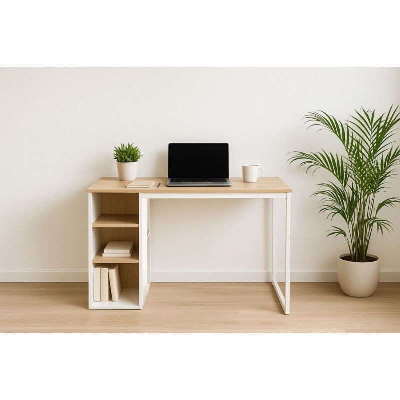 Urban Meuble - Bureau moderne avec cinq étagères blanc et bois de chêne