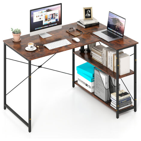 Bureau d'Ordinateur en Forme de L, Bureau d'angle Réversible avec Étagère Réglable, Table d'Étude Gain de Place avec Cadre Métallique Robuste, Marron