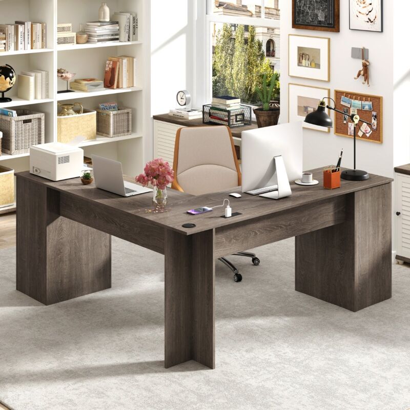 Bureau d'Ordinateur en Forme de L de 168 cm avec Prises de Courant Bureau Moderne avec 2 Tiroirs de Rangement Gris