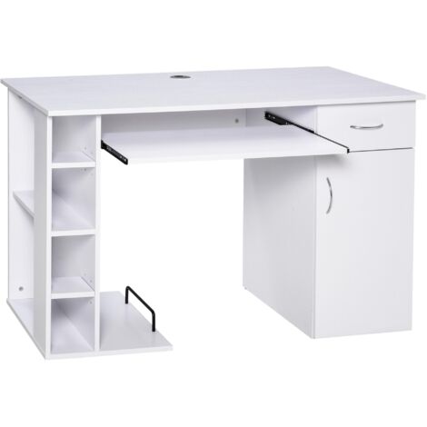 Bureau d'ordinateur ergonomique avec étagères, armoires, tiroirs et plateau coulissant pour clavier  blanc  120x60x74 cm.