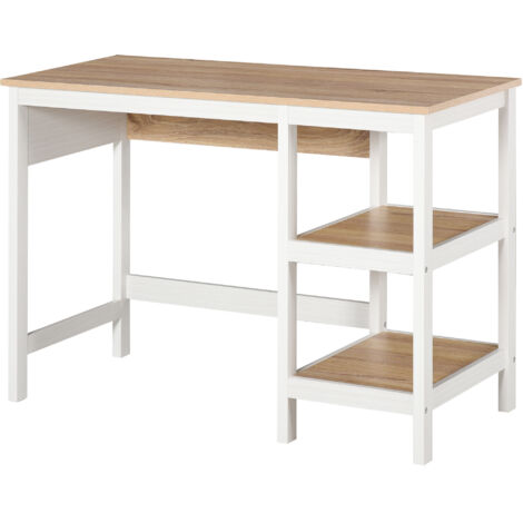 Bureau d'ordinateur HOMCOM 110x48x76 cm, espace de travail avec 2 étagères latérales, bureau multimédia en MDF E1 chêne clair blanc, meuble rangement pratique pour bureau à domicile