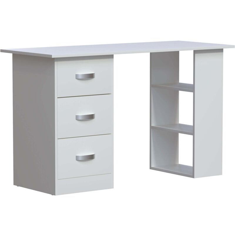 Home Discount – Bureau informatique blanc 3 tiroirs – 3 étagères ouvertes – Dimensions H 72 x L 120 x P 49 cm – Matériau MDF mélaminé