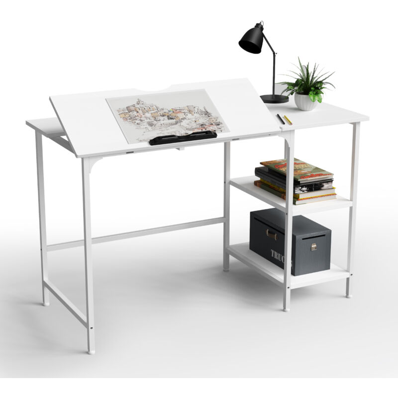 Sifree - Bureau d'Ordinateur Moderne avec 2 Étagères Intégrées - Panneau Blanc Résistant & Structure Métallique Robuste (120x55x75cm), Gain de Place