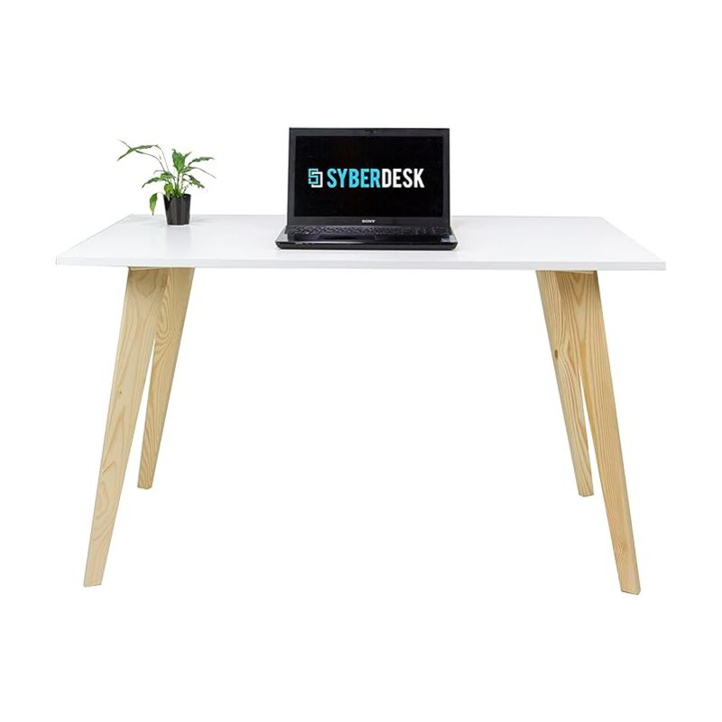 Syberdesk - Bureau d'Ordinateur, Pieds en Pin Massif, Table de Bureau, Bureau de Style Scandinave pour Bureau, Salon, Chambre - Blanc - 120 × 65 × 75