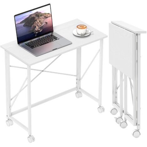 Bureau d'ordinateur pliable, 80 x 40 cm, avec roulettes, convient aux bureaux à domicile, aux chambres et aux petits espaces, blanc.