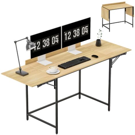 Bureau d'ordinateur pliable avec 2 rallonges coulissantes, grand espace pour écrans, pieds en métal, construction robuste, chêne et noir