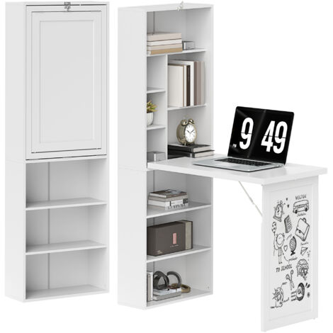 Bureau d'ordinateur pliable avec bibliothèque, poste de travail, tableau blanc et étagère réglable, 98x51x153cm, blanc