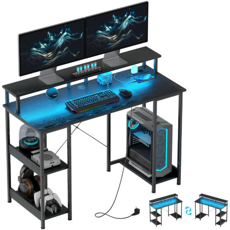 Bureau d'ordinateur réversible avec prises électriques, lumières, support de moniteur et étagère, 120x50cm, noir
