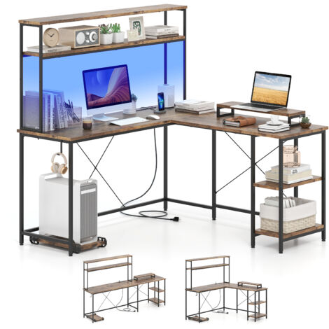 Bureau d'Ordinateur Reversible en Forme de L avec Bande LED et Prises de Courant, Support pour Écran & CPU, Crochet pour Casque, Marron